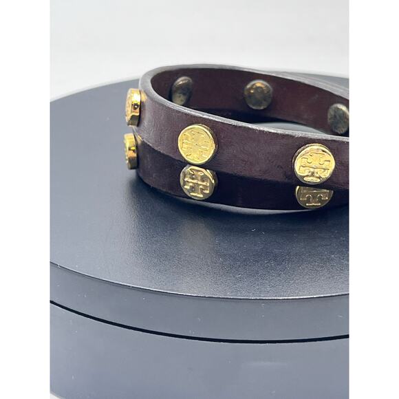 Tory Burch Jewelry Leather Brown Double Wrap Gold Logo Bracelet - Picture 4 of 7